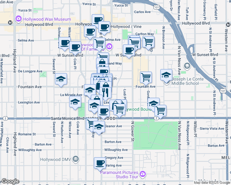 map of restaurants, bars, coffee shops, grocery stores, and more near 6201 La Mirada Avenue in Los Angeles