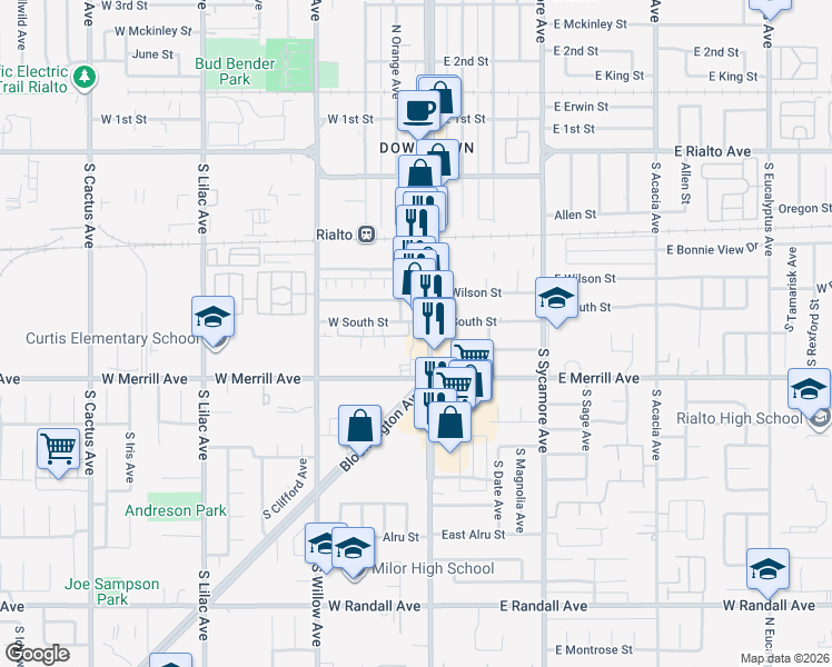 map of restaurants, bars, coffee shops, grocery stores, and more near 420 South Riverside Avenue in Rialto