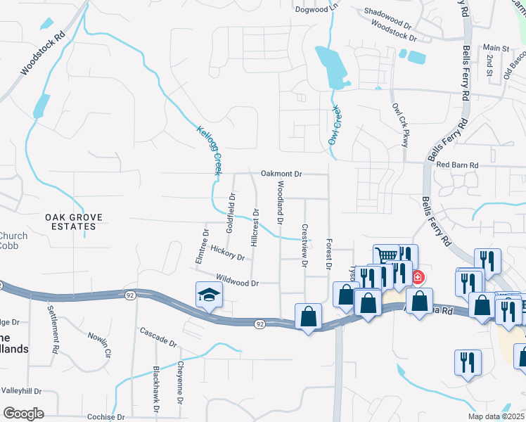 map of restaurants, bars, coffee shops, grocery stores, and more near 5722 Hillcrest Drive in Acworth