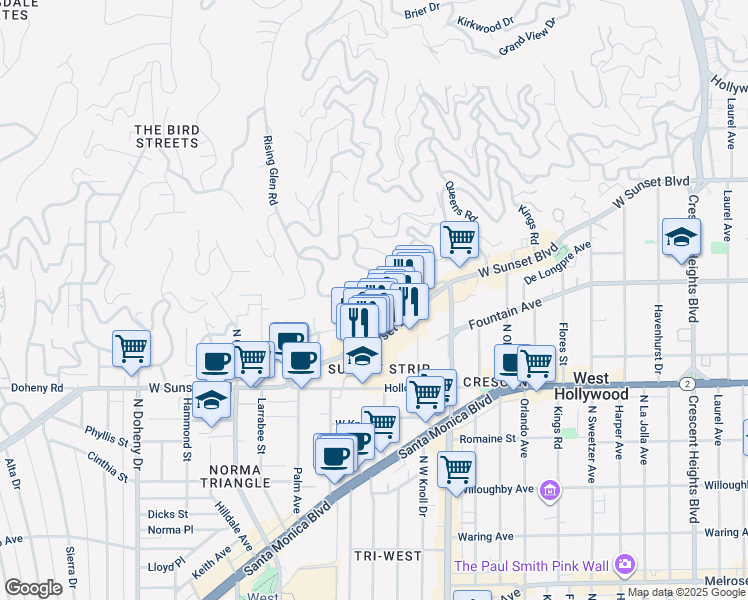 map of restaurants, bars, coffee shops, grocery stores, and more near 8630 Pine Tree Place in Los Angeles