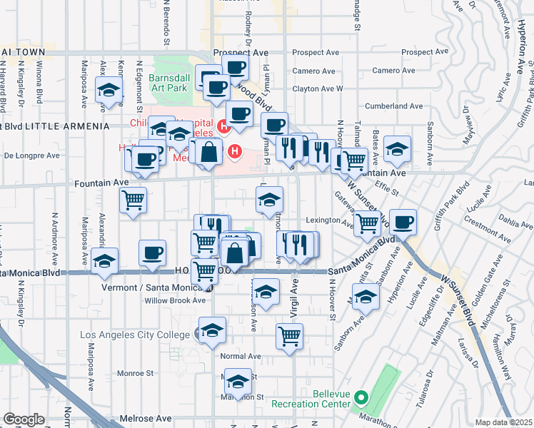 map of restaurants, bars, coffee shops, grocery stores, and more near 4567 Lexington Avenue in Los Angeles