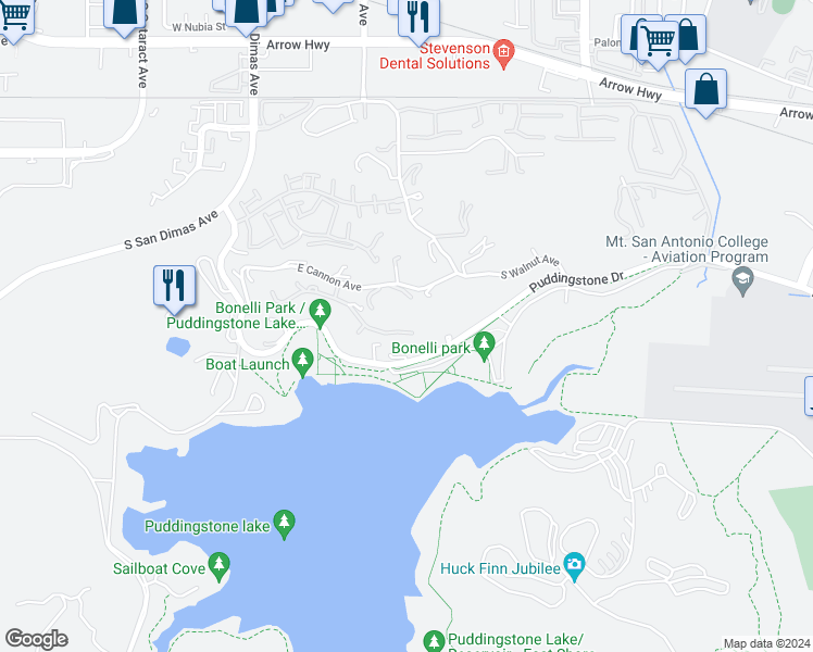 map of restaurants, bars, coffee shops, grocery stores, and more near 349 Rebecca Drive in San Dimas