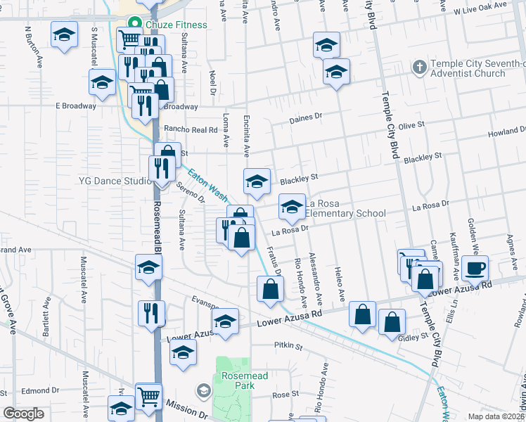 map of restaurants, bars, coffee shops, grocery stores, and more near 9224 Pentland Street in Temple City