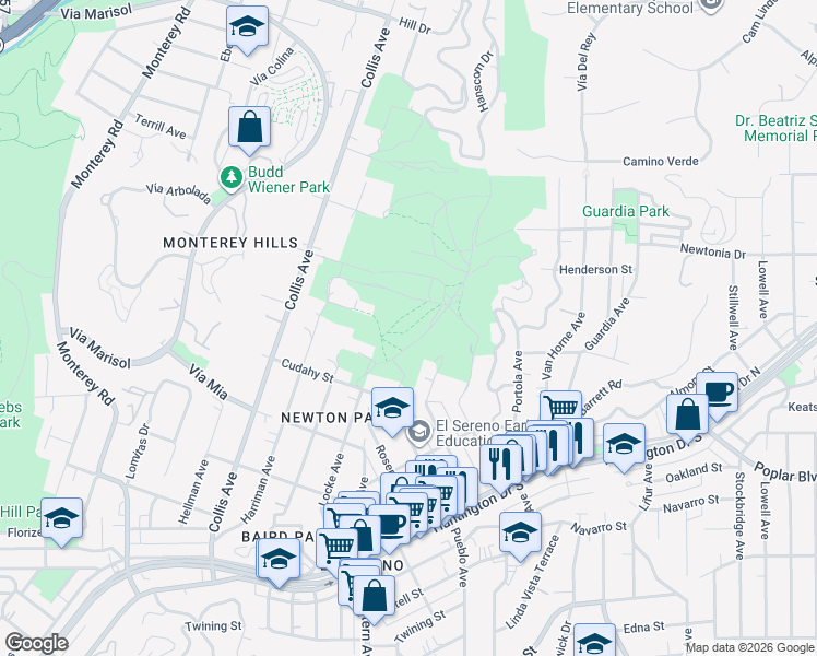 map of restaurants, bars, coffee shops, grocery stores, and more near 3828 1/2 Drysdale Avenue in Los Angeles