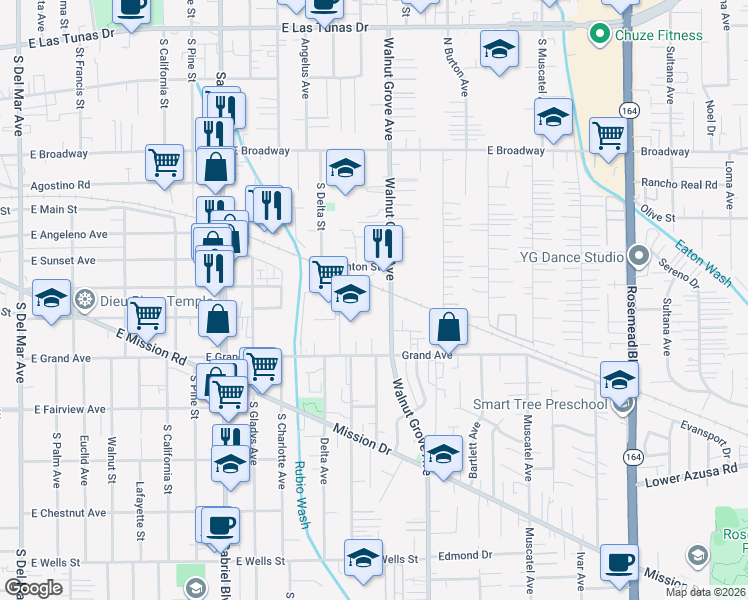 map of restaurants, bars, coffee shops, grocery stores, and more near 5093 Walnut Grove Avenue in San Gabriel
