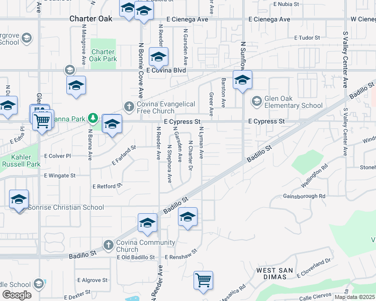 map of restaurants, bars, coffee shops, grocery stores, and more near 737 North Charter Drive in Covina
