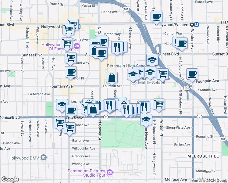 map of restaurants, bars, coffee shops, grocery stores, and more near 1239 Gordon Street in Los Angeles