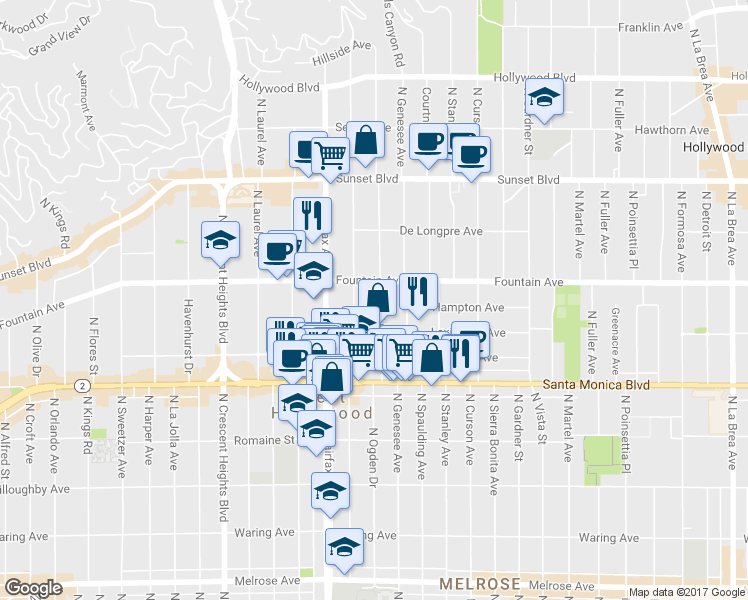 map of restaurants, bars, coffee shops, grocery stores, and more near 1237 North Ogden Drive in West Hollywood