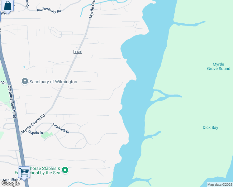 map of restaurants, bars, coffee shops, grocery stores, and more near 7645 Myrtle Grove Road in Wilmington