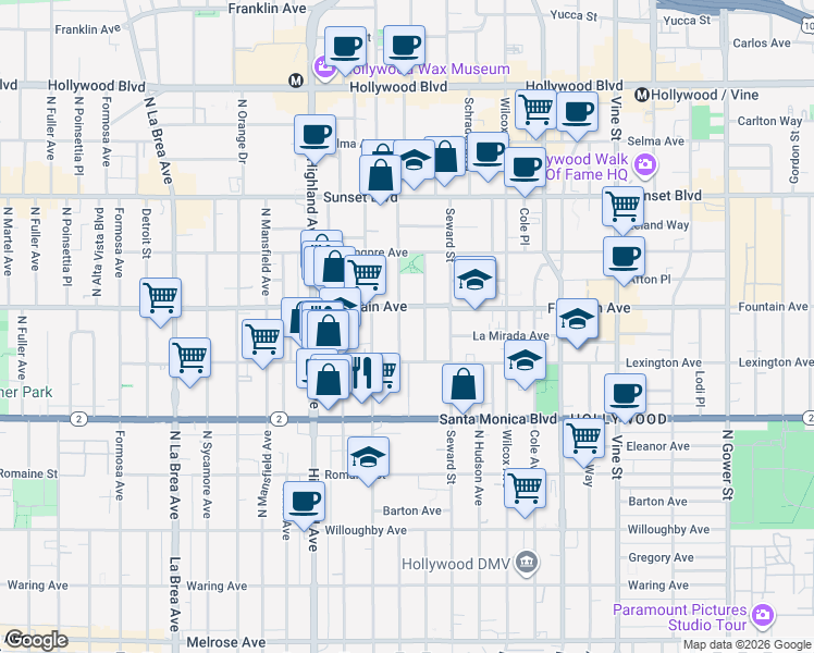 map of restaurants, bars, coffee shops, grocery stores, and more near 1234 North Cherokee Avenue in Los Angeles