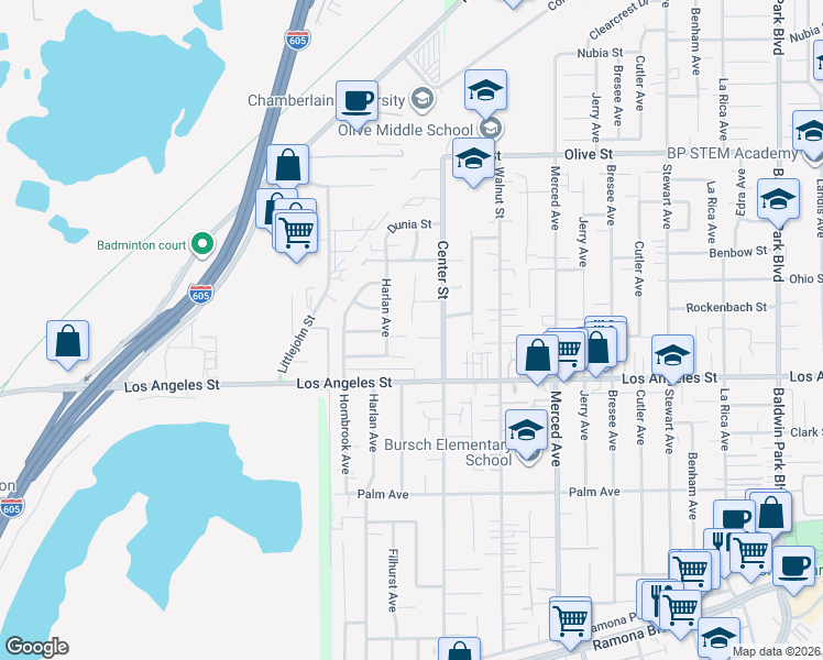 map of restaurants, bars, coffee shops, grocery stores, and more near 13423 Belgate Street in Baldwin Park