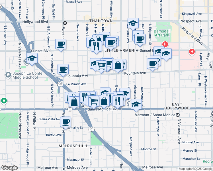 map of restaurants, bars, coffee shops, grocery stores, and more near 1213 North Kingsley Drive in Los Angeles