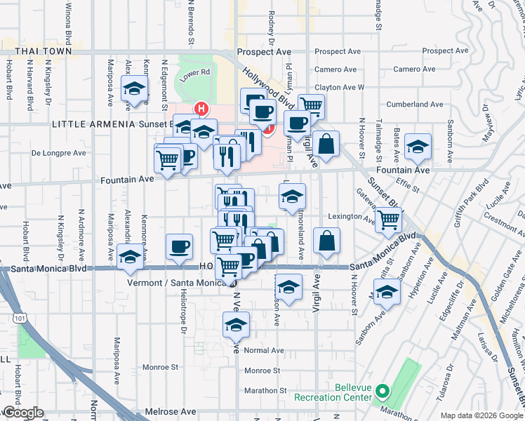 map of restaurants, bars, coffee shops, grocery stores, and more near 4611 Lexington Avenue in Los Angeles