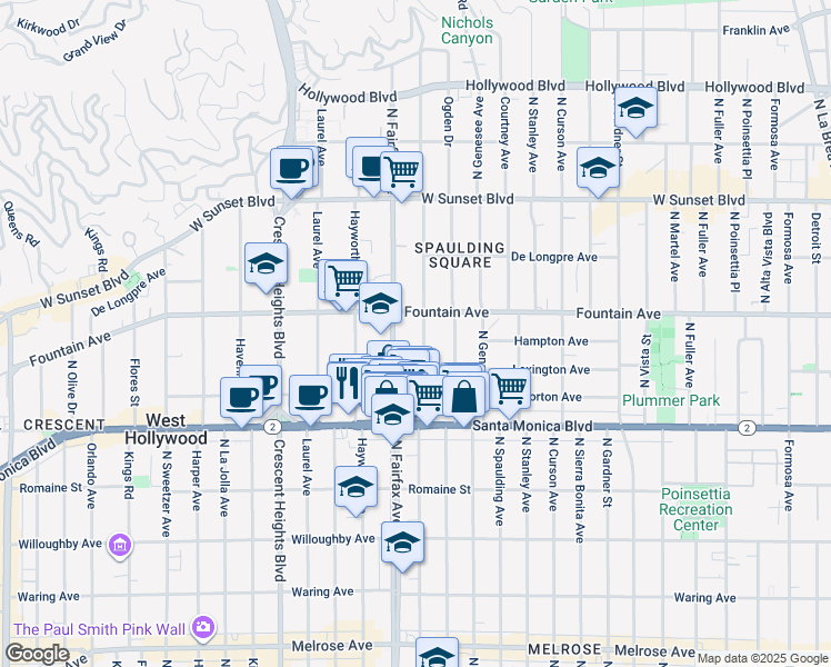 map of restaurants, bars, coffee shops, grocery stores, and more near 1233 North Orange Grove Avenue in West Hollywood