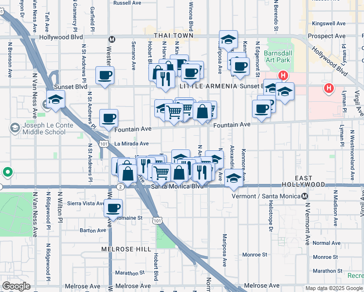 map of restaurants, bars, coffee shops, grocery stores, and more near 1213 North Kingsley Drive in Los Angeles