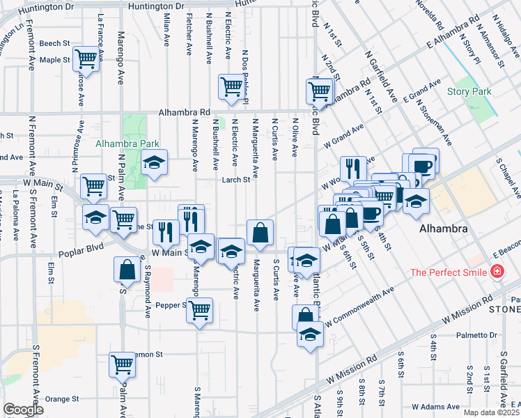 map of restaurants, bars, coffee shops, grocery stores, and more near 120 North Marguerita Avenue in Alhambra