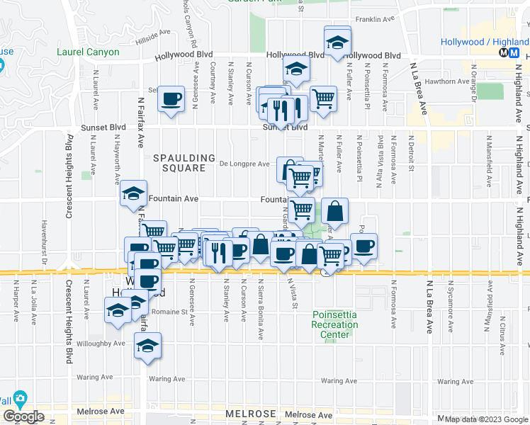 map of restaurants, bars, coffee shops, grocery stores, and more near 7531 Hampton Avenue in West Hollywood
