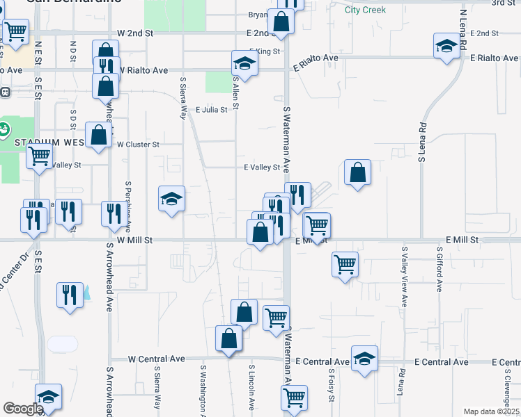 map of restaurants, bars, coffee shops, grocery stores, and more near 240 East Berry Street in San Bernardino