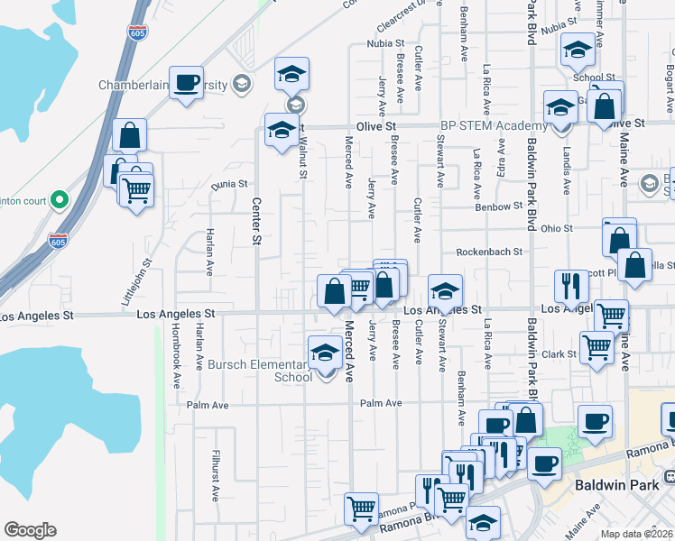 map of restaurants, bars, coffee shops, grocery stores, and more near 4459 Merced Avenue in Baldwin Park