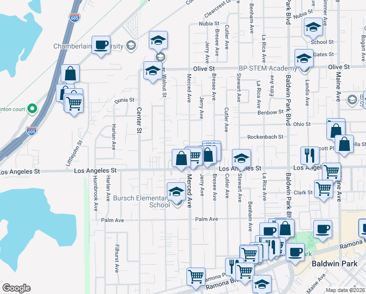 map of restaurants, bars, coffee shops, grocery stores, and more near 4454 Merced Avenue in Baldwin Park