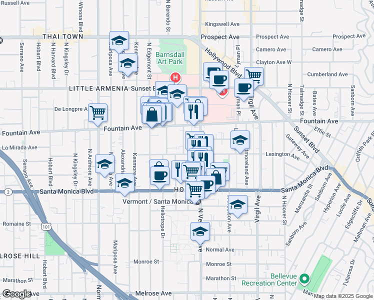 map of restaurants, bars, coffee shops, grocery stores, and more near 1210 North New Hampshire Avenue in Los Angeles