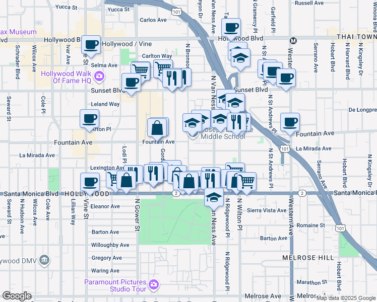 map of restaurants, bars, coffee shops, grocery stores, and more near La Mirada Avenue in West Hollywood