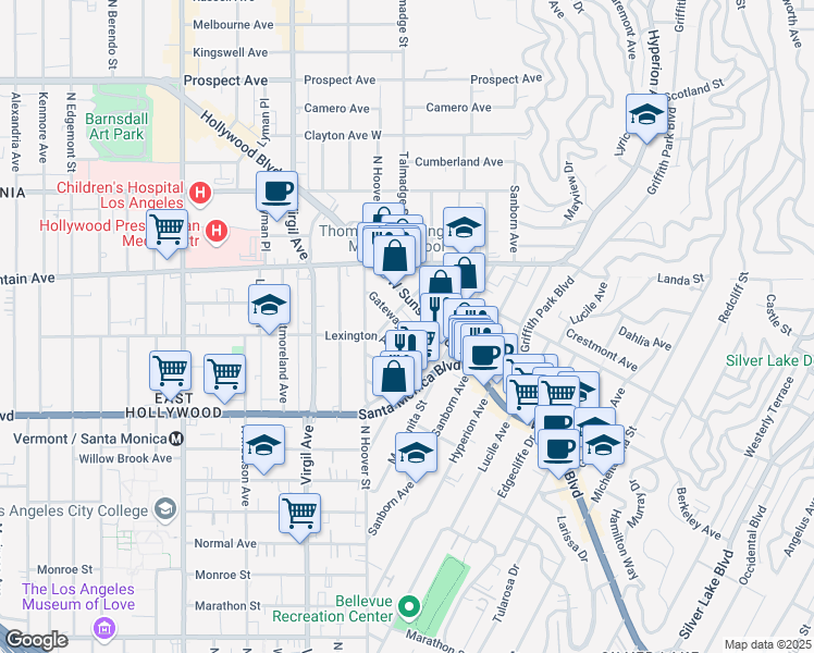 map of restaurants, bars, coffee shops, grocery stores, and more near 4229 Gateway Avenue in Los Angeles