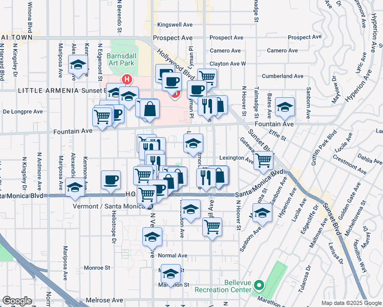 map of restaurants, bars, coffee shops, grocery stores, and more near 4567 Lexington Avenue in Los Angeles