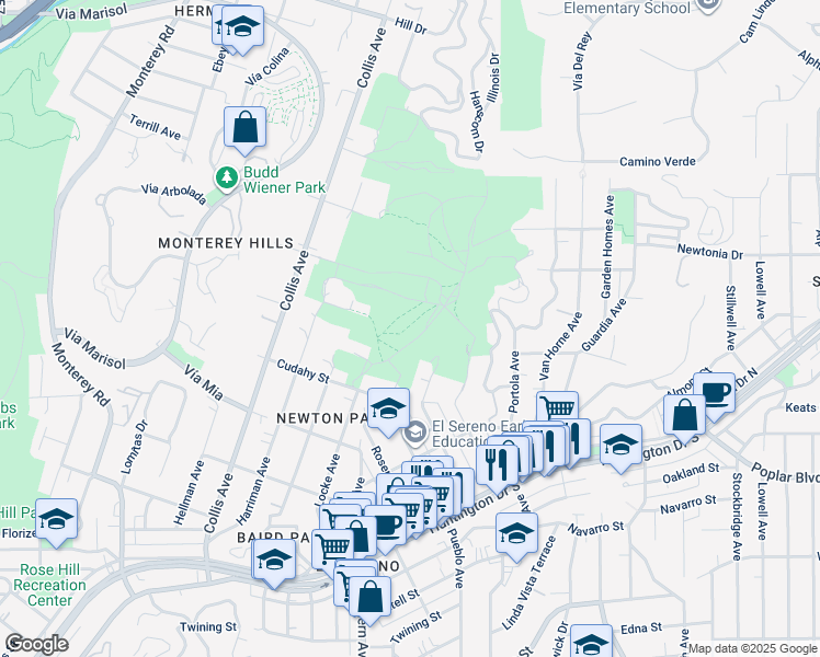 map of restaurants, bars, coffee shops, grocery stores, and more near 4023 Pueblo Avenue in Los Angeles