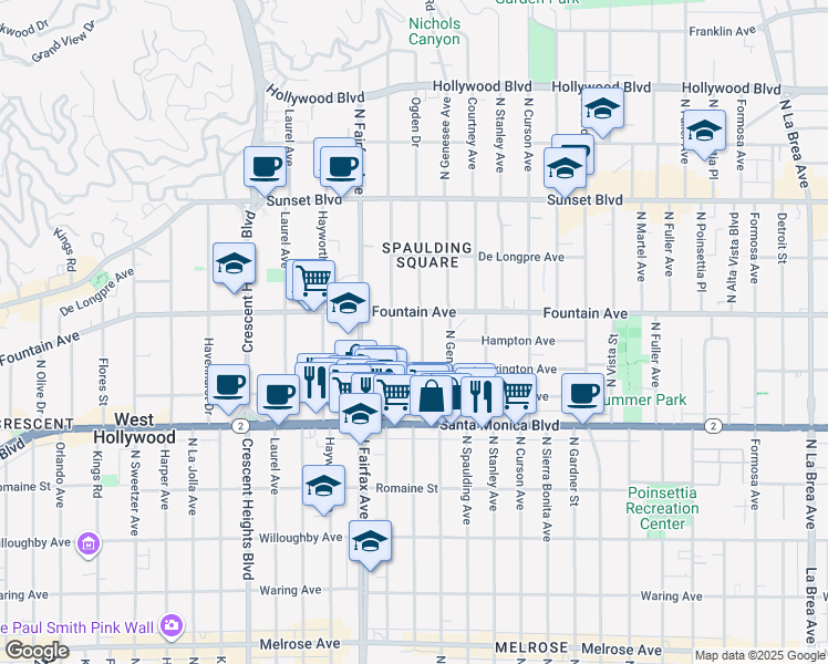 map of restaurants, bars, coffee shops, grocery stores, and more near 1232 North Ogden Drive in West Hollywood