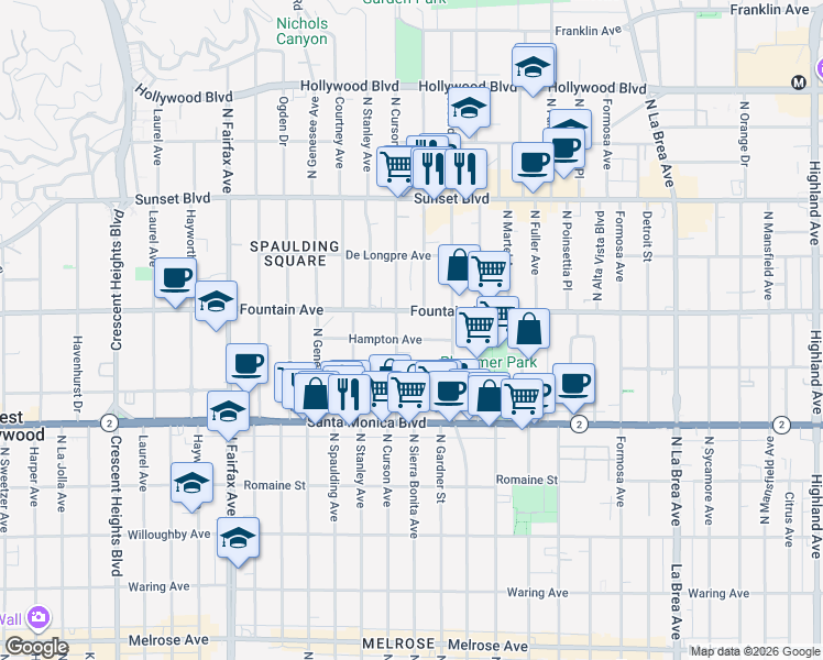 map of restaurants, bars, coffee shops, grocery stores, and more near 7545 Hampton Avenue in West Hollywood