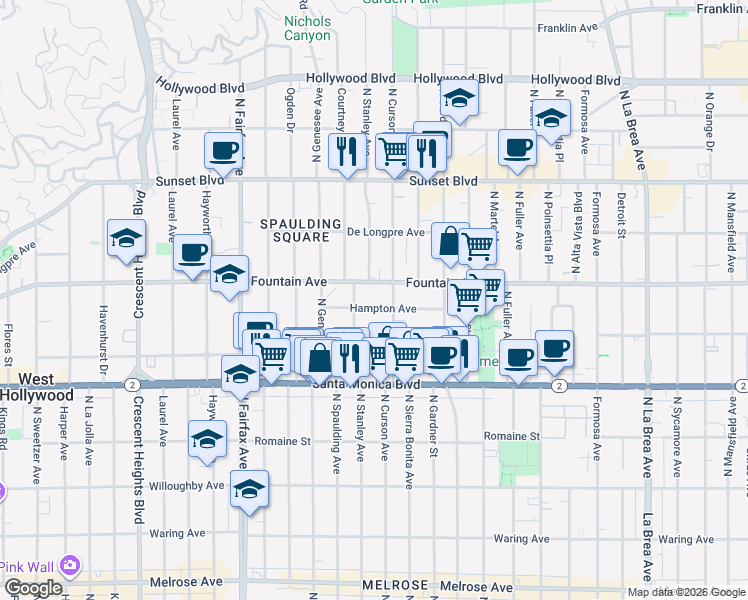 map of restaurants, bars, coffee shops, grocery stores, and more near 7630 Hampton Avenue in Los Angeles