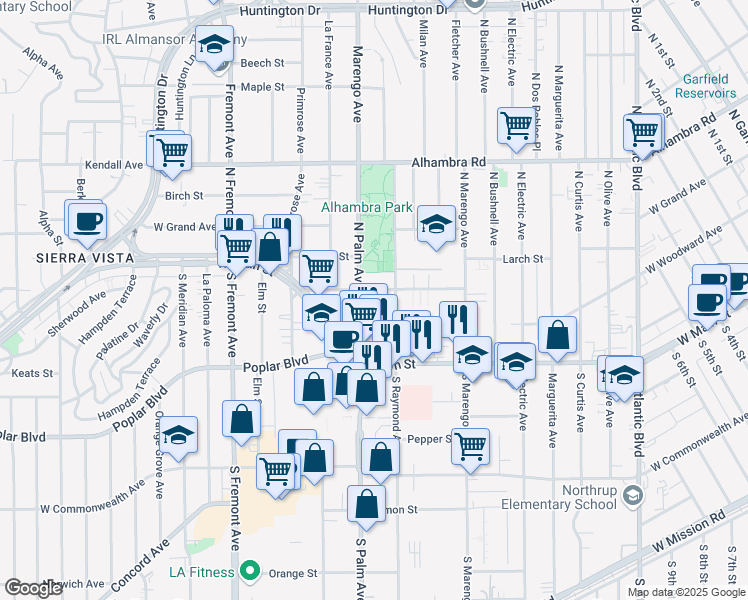 map of restaurants, bars, coffee shops, grocery stores, and more near 2106 Cedar Street in Alhambra