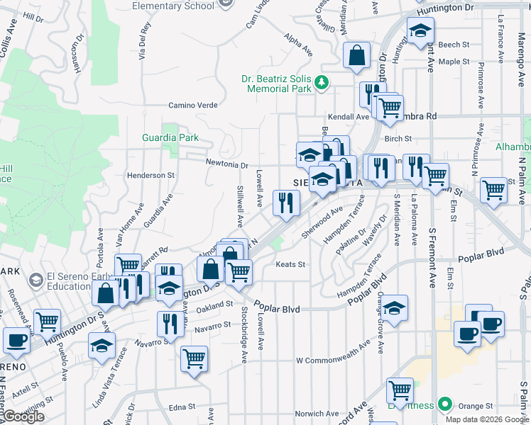 map of restaurants, bars, coffee shops, grocery stores, and more near 4222 Lowell Avenue in Los Angeles