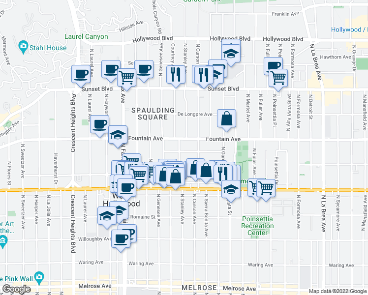 map of restaurants, bars, coffee shops, grocery stores, and more near 7635 Hampton Avenue in Los Angeles