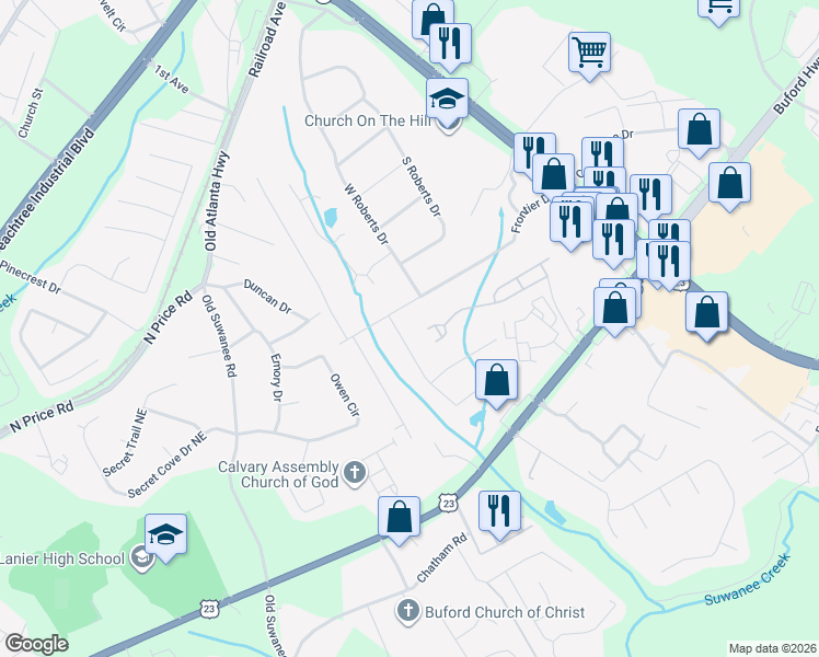 map of restaurants, bars, coffee shops, grocery stores, and more near 4447 Frontier Way Northeast in Sugar Hill