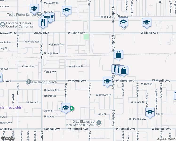 map of restaurants, bars, coffee shops, grocery stores, and more near 434 South Linden Avenue in Rialto