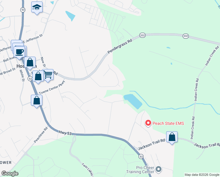 map of restaurants, bars, coffee shops, grocery stores, and more near 196 Joshua Way in Hoschton