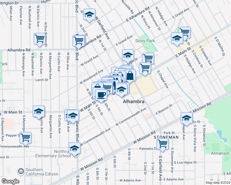 map of restaurants, bars, coffee shops, grocery stores, and more near 228 West Main Street in Alhambra