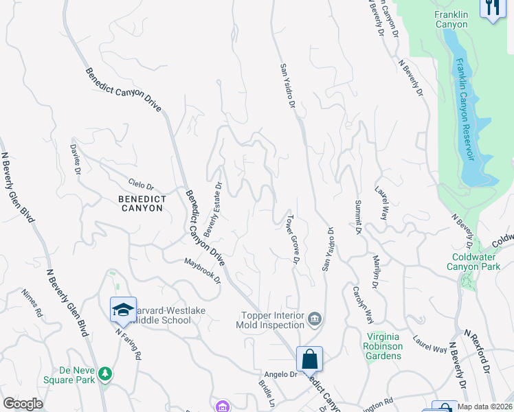 map of restaurants, bars, coffee shops, grocery stores, and more near 1261 Tower Grove Drive in Beverly Hills