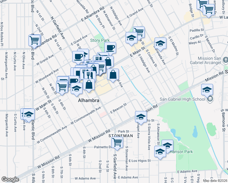 map of restaurants, bars, coffee shops, grocery stores, and more near 200 East Bay State Street in Alhambra