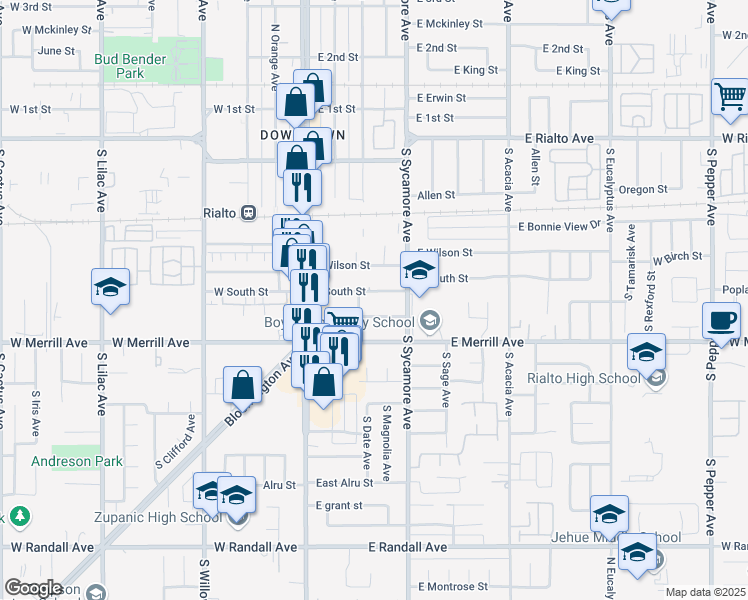map of restaurants, bars, coffee shops, grocery stores, and more near 231 East South Street in Rialto