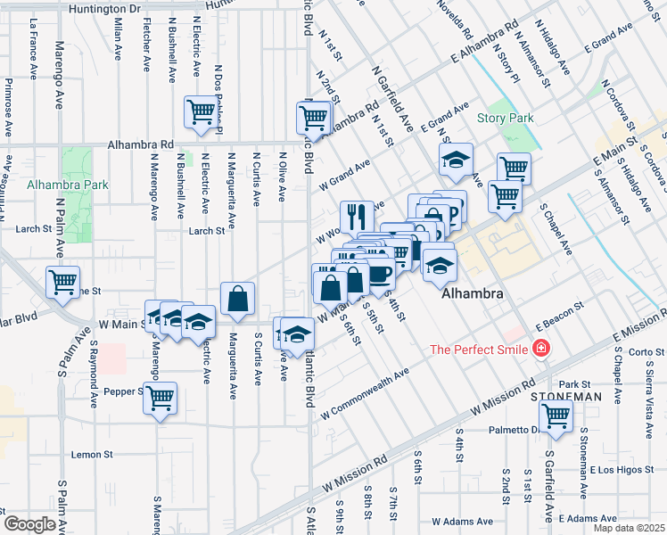 map of restaurants, bars, coffee shops, grocery stores, and more near 113 South 5th Street in Alhambra