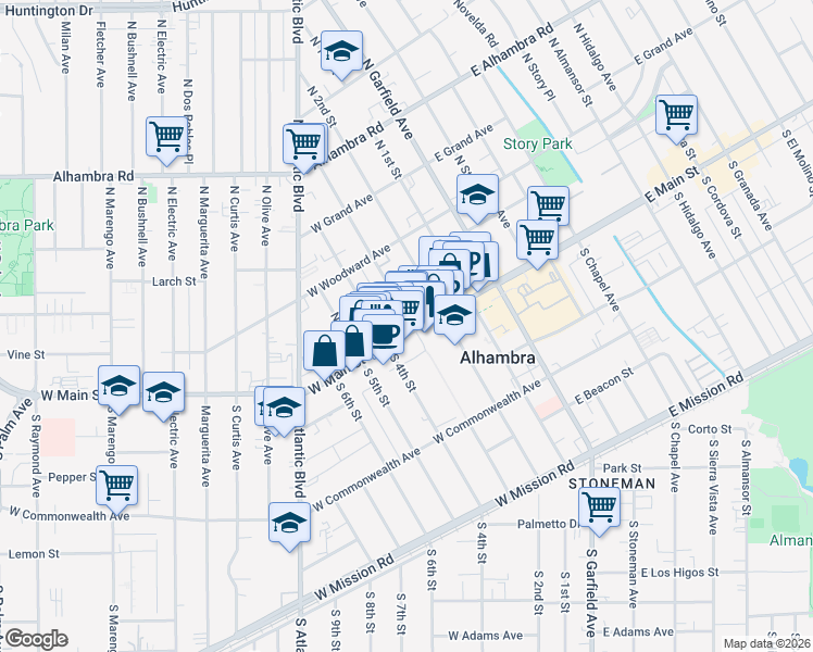 map of restaurants, bars, coffee shops, grocery stores, and more near 333 West Main Street in Alhambra
