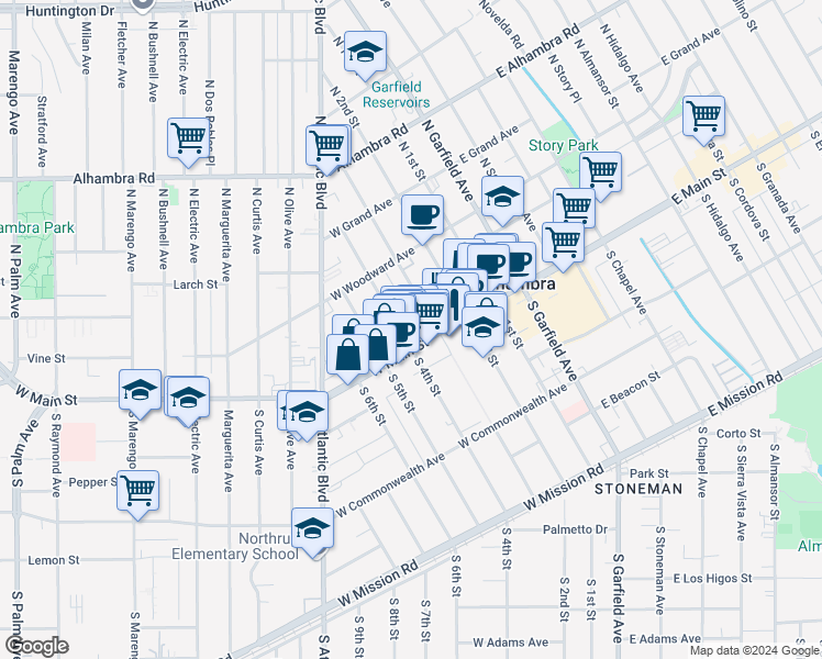 map of restaurants, bars, coffee shops, grocery stores, and more near 333 West Main Street in Alhambra