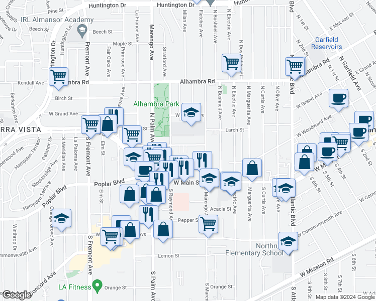 map of restaurants, bars, coffee shops, grocery stores, and more near 1719 Vine Street in Alhambra