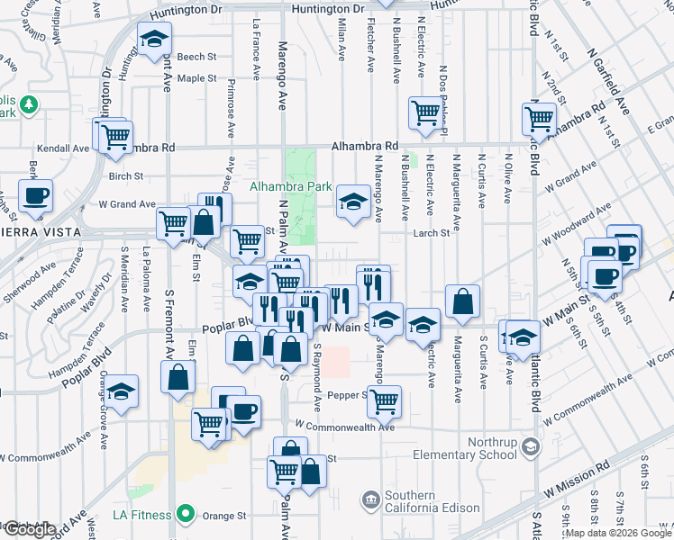 map of restaurants, bars, coffee shops, grocery stores, and more near 1901 Vine Street in Alhambra