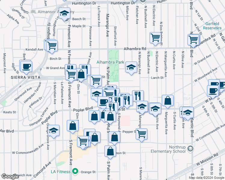 map of restaurants, bars, coffee shops, grocery stores, and more near 112 North Palm Avenue in Alhambra