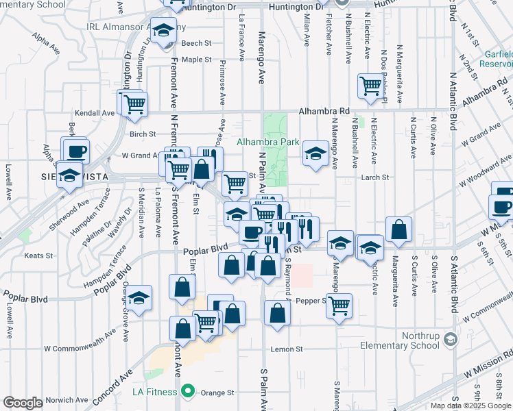 map of restaurants, bars, coffee shops, grocery stores, and more near 2239 West Main Street in Alhambra