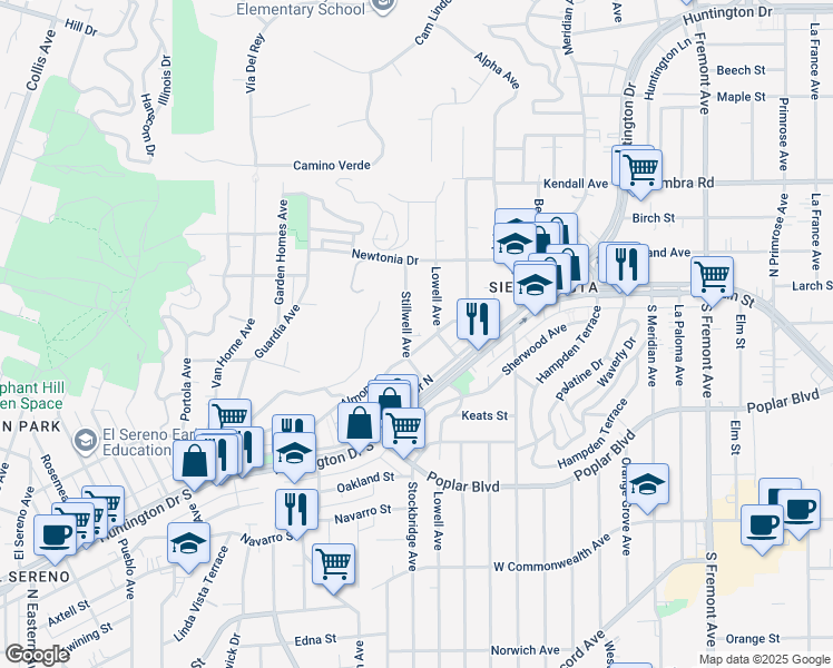map of restaurants, bars, coffee shops, grocery stores, and more near 4211 Stillwell Avenue in Los Angeles